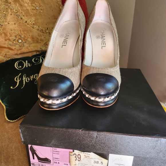Chanel Escarpins Shoe - Linen & Leather Heels RARE FIND Chain Link CC Sexy - Picture 2 of 5